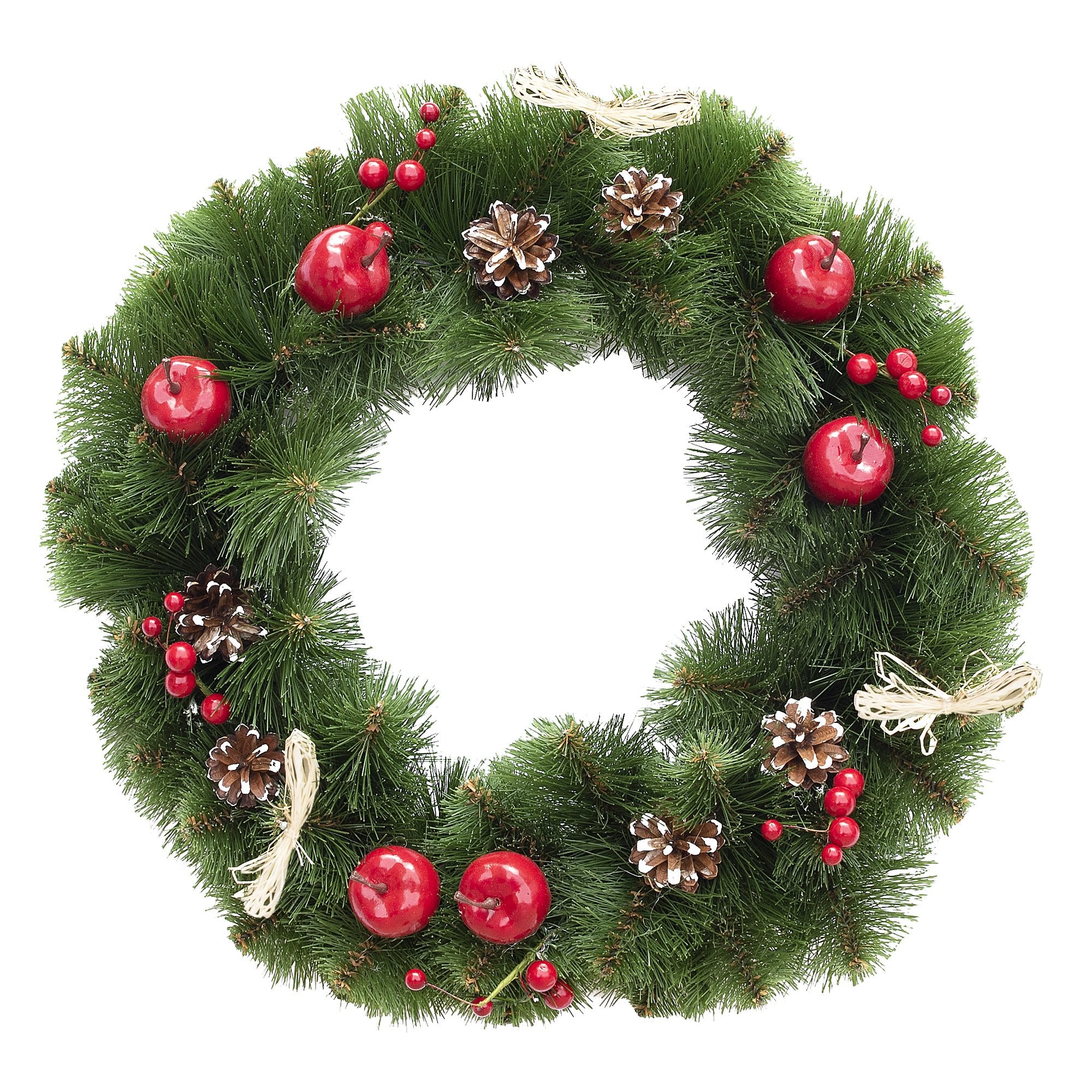 Ukrainian Christmas Wreath with Frosted Straw Bows, Apples & Pine Cones 20 Inches in Green color Round