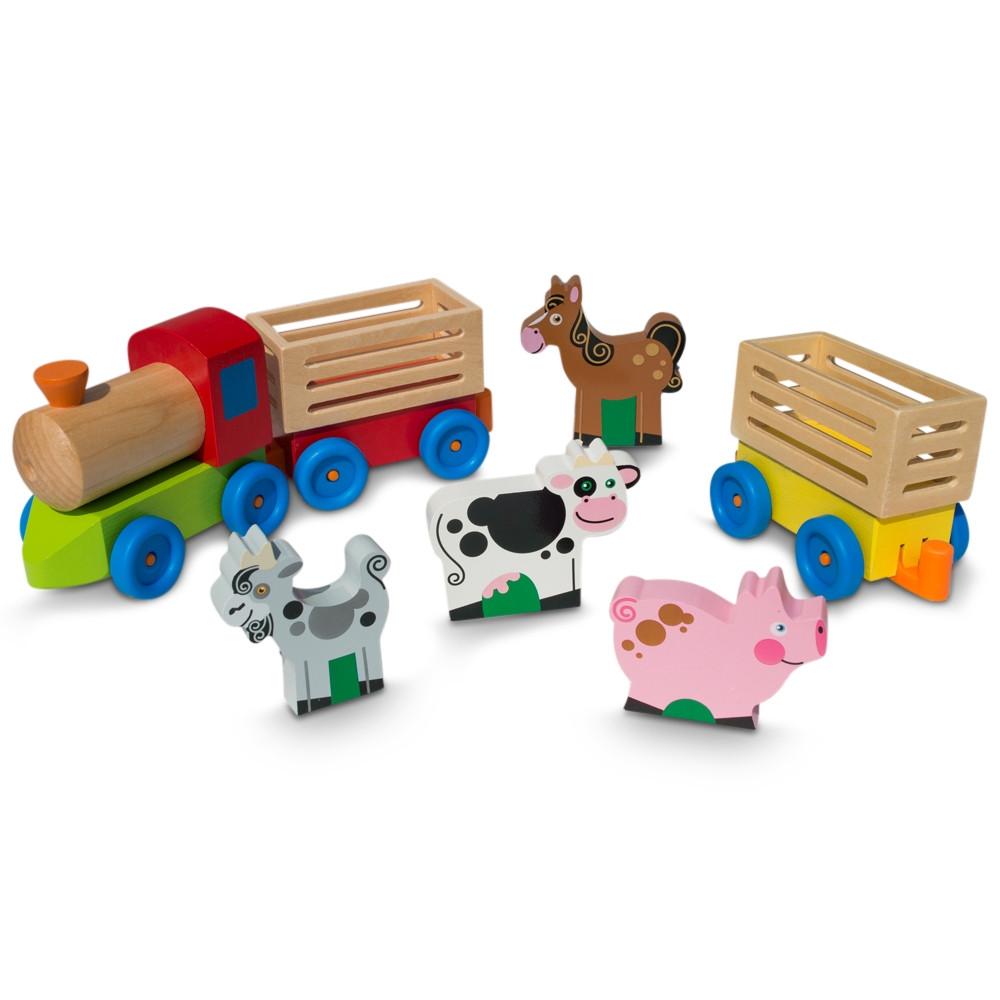 Wood 4 Farm Animals on Wooden Train with 2 Cars Toy Set in Multi color