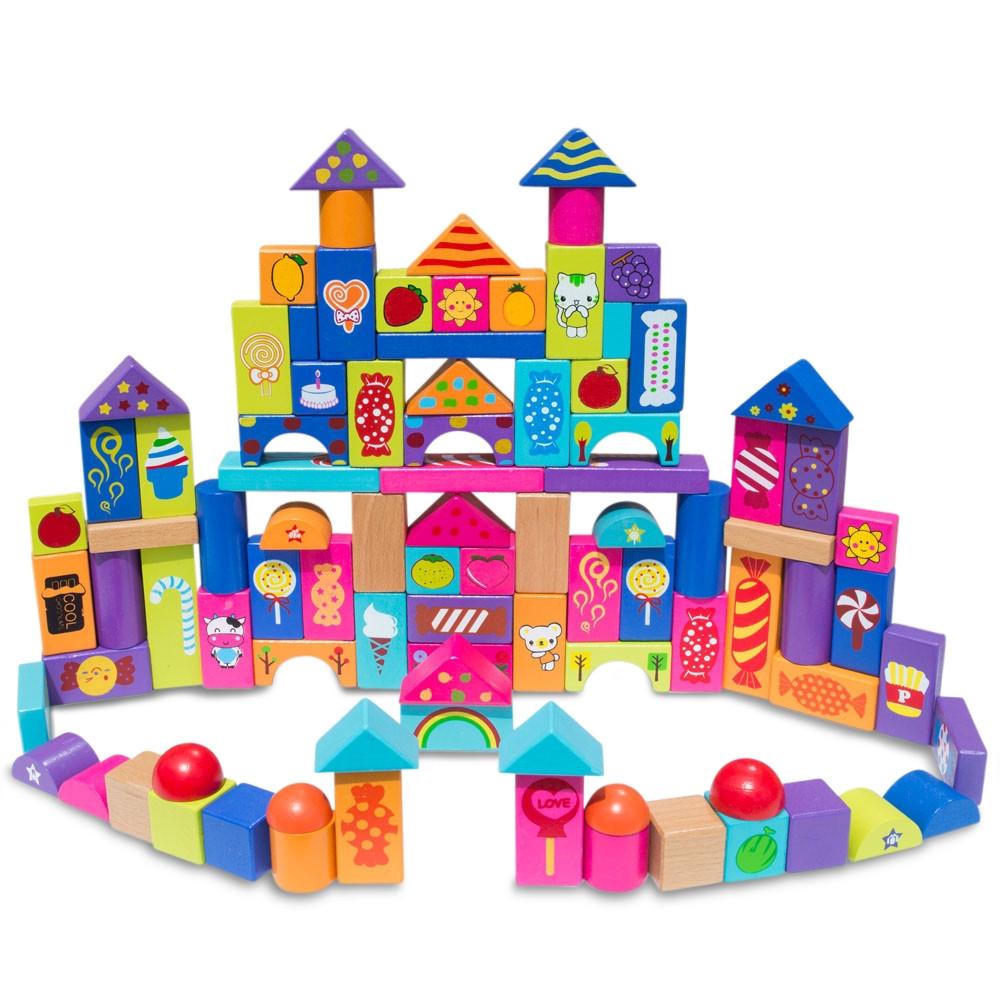 Set of 90 Colorful Wooden Building Blocks in Multi color