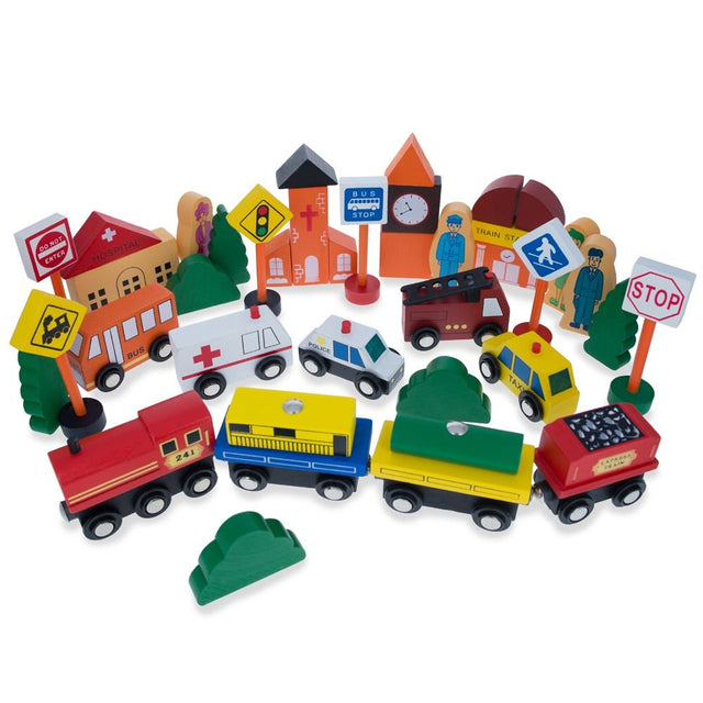 Set of 40 Pieces City Vehicles, Buildings, and Signs Wooden Blocks in Multi color,  shape
