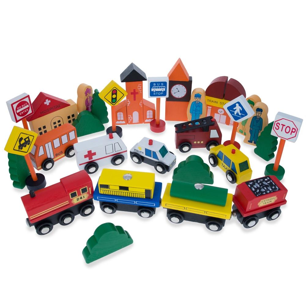 Wood Set of 40 Pieces City Vehicles, Buildings, and Signs Wooden Blocks in Multi color