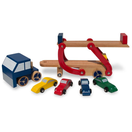 Set of Wooden Truck with Trailer and 4 Cars in Multi color