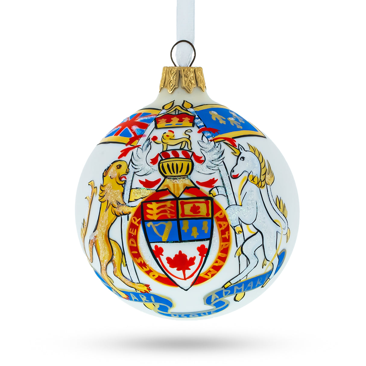 Glass Coat of Arms of Canada Blown Glass Ball Christmas Ornament 3.25 Inches in Multi color Round