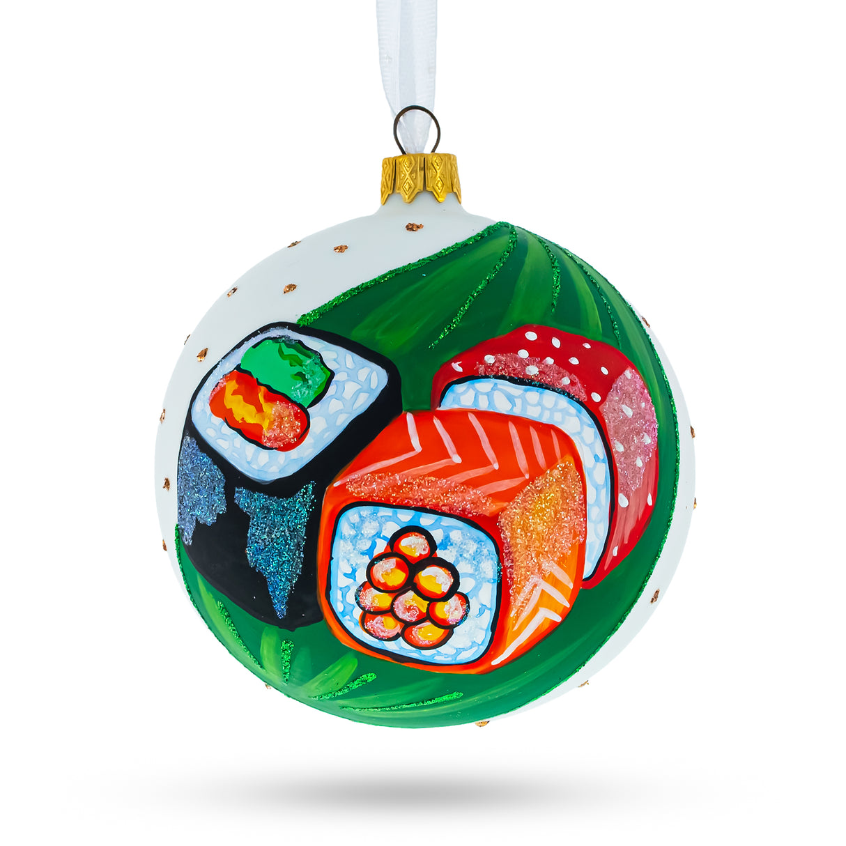 Dedicated Sushi Lover Blown Glass Ball Christmas Ornament 4 Inches in Green color, Round shape