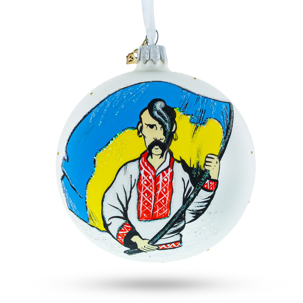 Kozak Carrying Ukrainian Flag Glass Ball Christmas Ornament 4 Inches in Multi color, Round shape