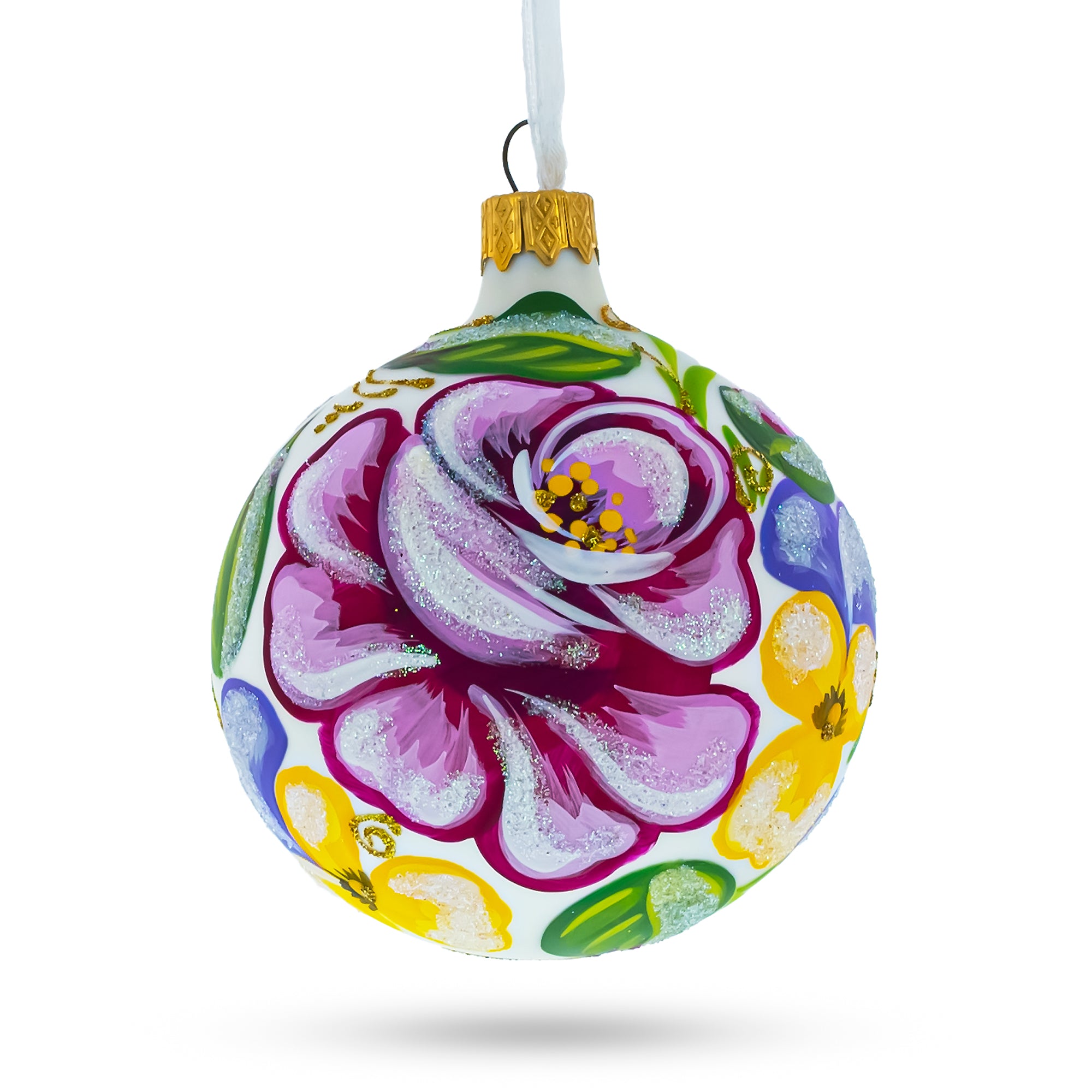 Pink Roses Glass Ball Christmas Ornament 3.25 Inches in Multi color Round