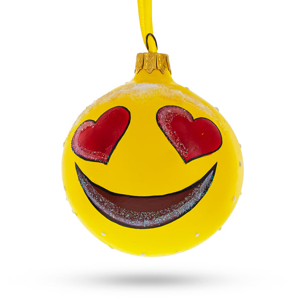 Adorable Heart Eyes In Love Facial Expressions Blown Glass Ball Christmas Ornament 3.25 Inches in Yellow color, Round shape