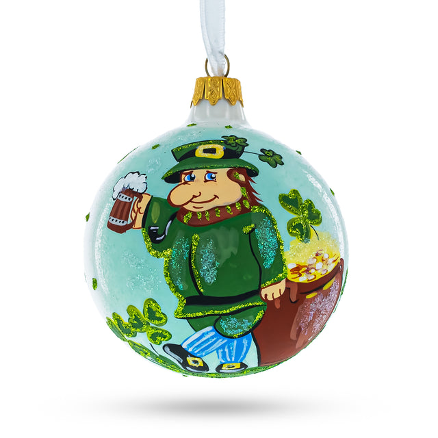 Charming Irish Leprechaun Blown Glass Christmas Ornament 4 Inches in Multi color, Round shape
