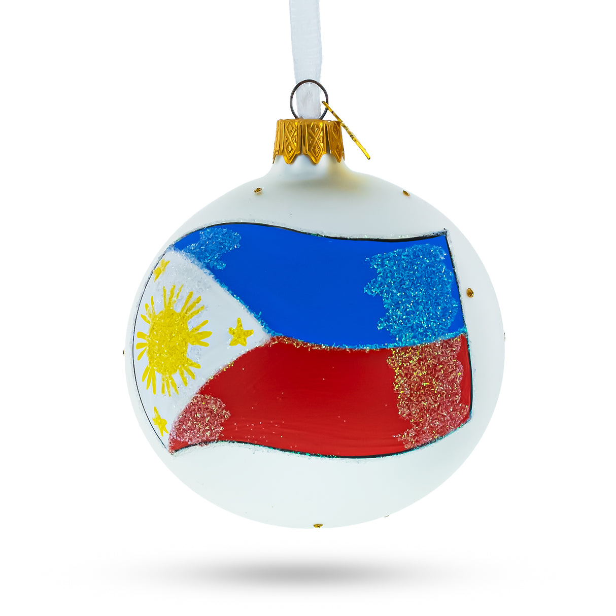 Philippines' Sun & Stars: Flag Design Blown Glass Ball Christmas Ornament 3.25 Inches in White color, Round shape