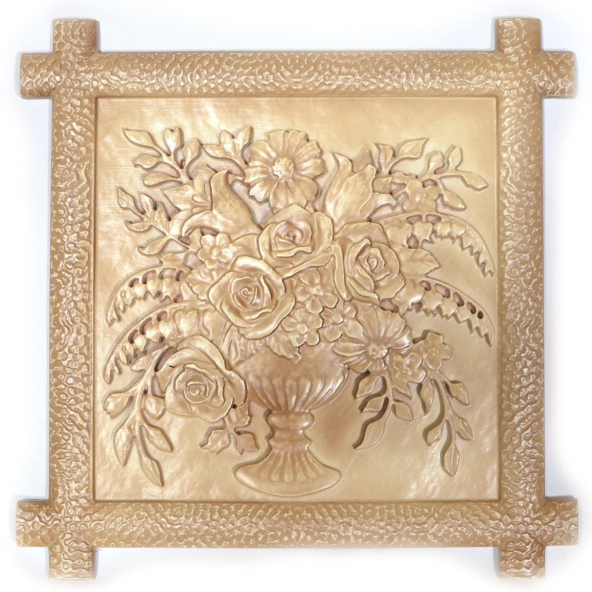 The Flower Bouquet Ukrainian Beech Wood Carved Plaque 16 Inches White in Brown color, Square shape
