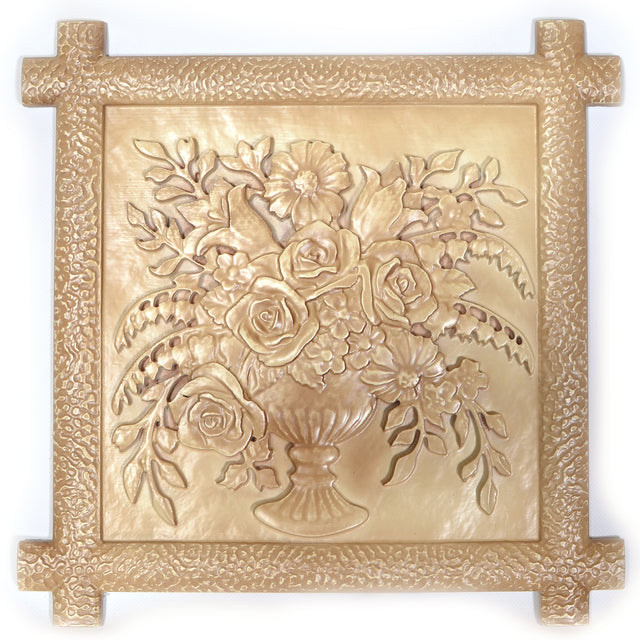 Wood The Flower Bouquet Ukrainian Beech Wood Carved Plaque 16 Inches White in Brown color Square
