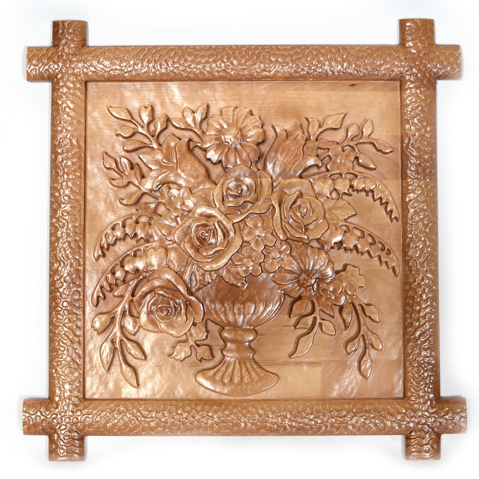The Flower Bouquet Ukrainian Beech Wood Carved Plaque in Brown color Square