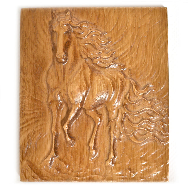 Ukrainian Beech Wood Carved Horse Plaque in Brown color, Square shape