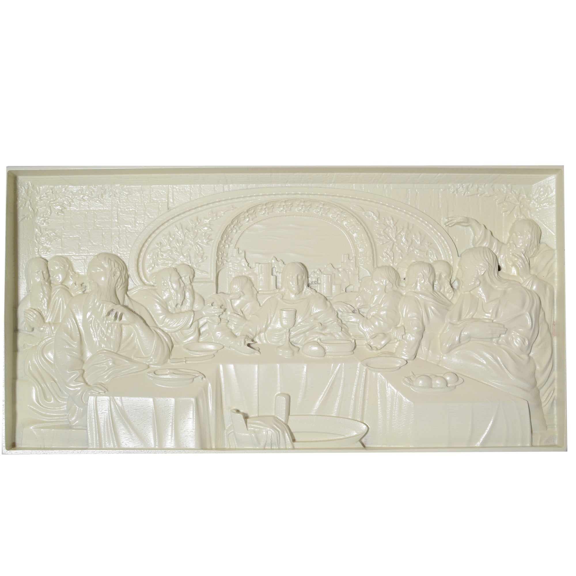 The Last Supper Ukrainian Beech Wood Carved Plaque in White in White color Rectangular