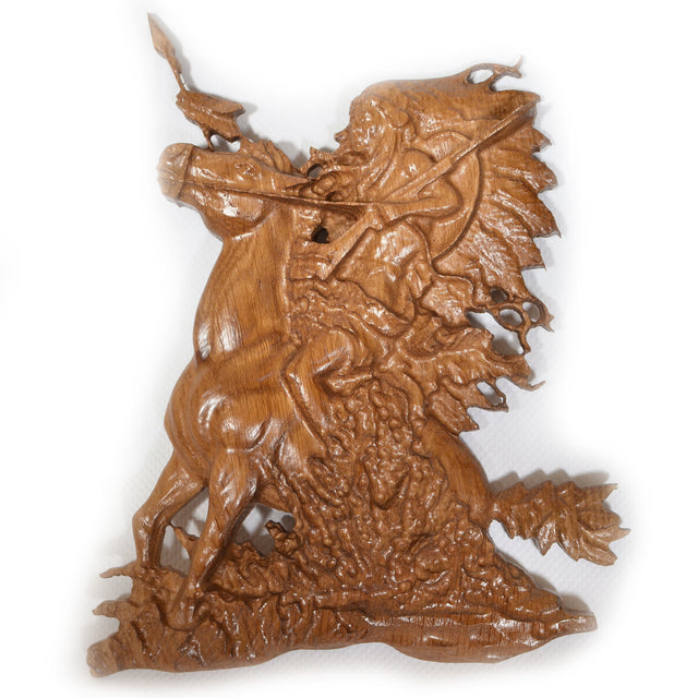Indian on The Horse Ukrainian Beech Wood Carved Plaque in Brown color