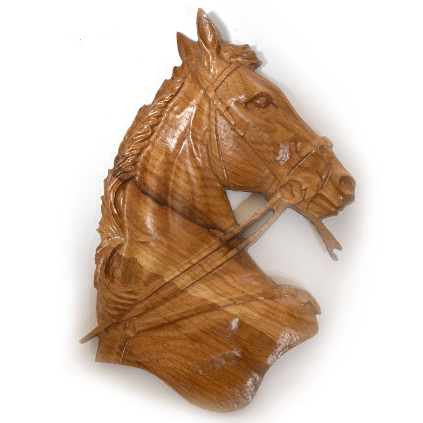 Ukrainian Beech Wood Carved Horse Head Plaque 8 Inches in Brown color