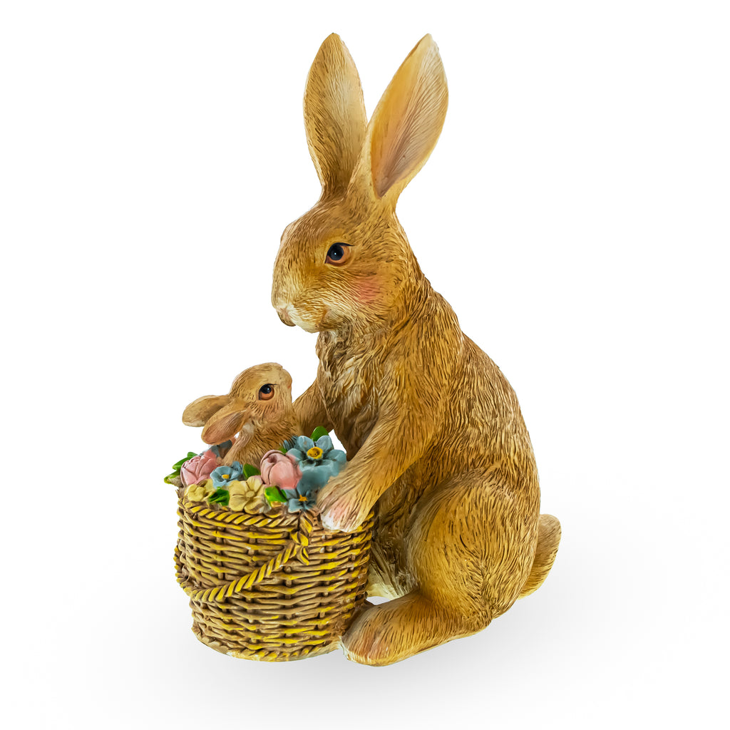Mother & Baby Bunny Figurine – Rustic Easter & Spring Decor with Floral Basket 7.4 Inches in Multi color