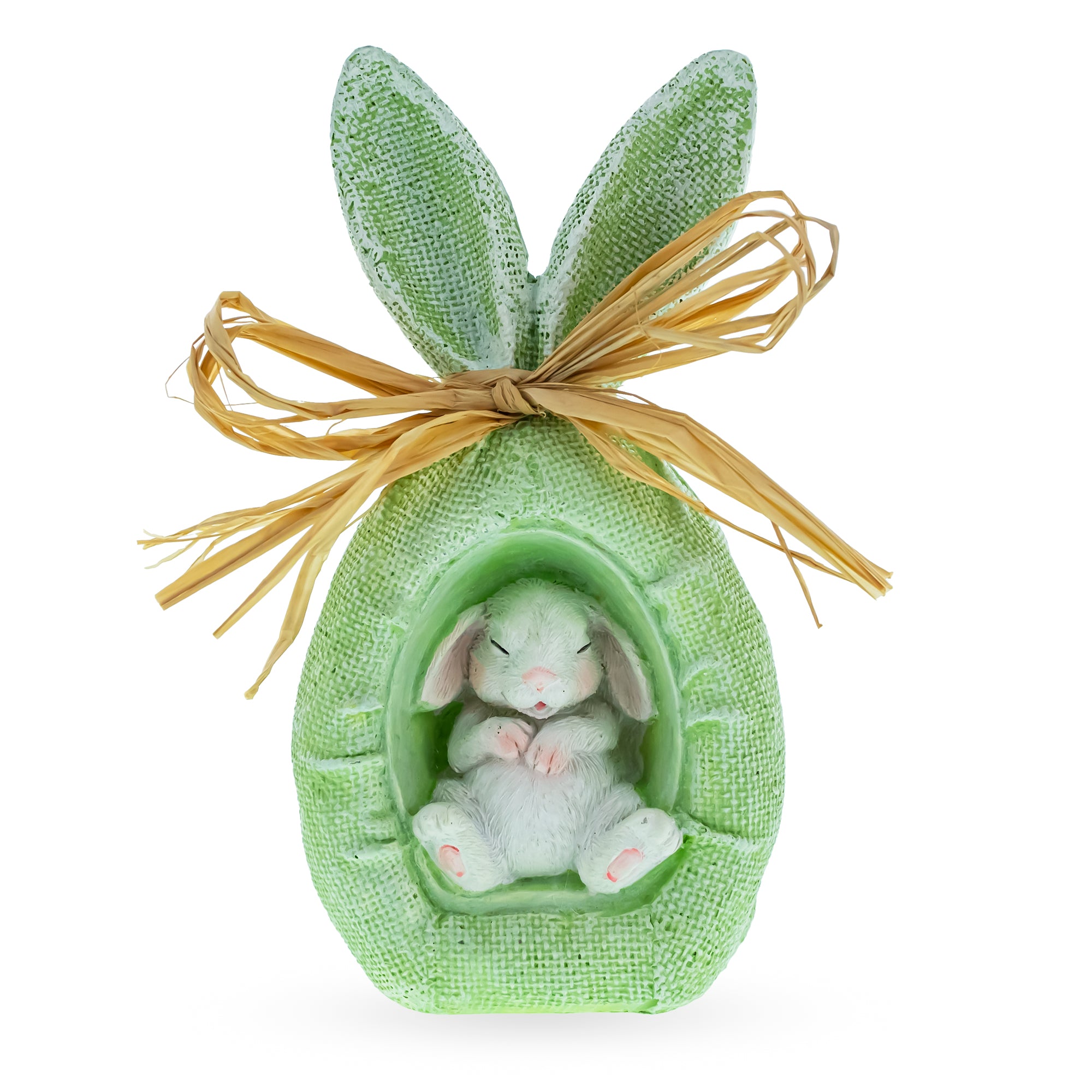Rustic Bunny Nest Egg Decoration – Green Burlap-Style Easter Ornament with Raffia Bow in Multi color