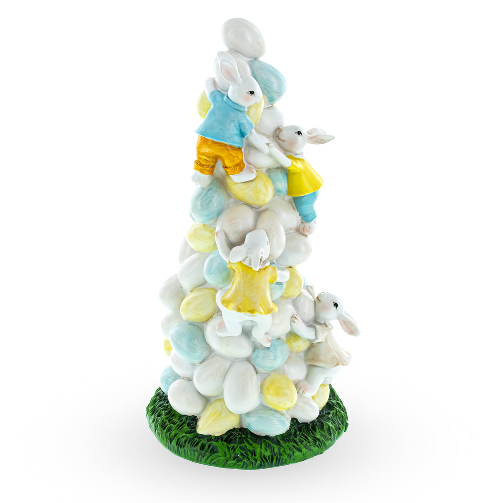 Easter Bunny Climbing Egg Tower – Playful Rabbit Figurine for Spring Decor 10.6 InchesChina , dimensions in inches: 10.6 x 5.3 x 5.3