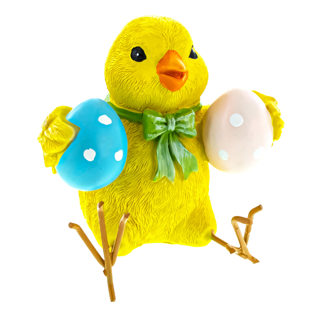 Cheerful Chick Holding Colorful Easter Polka Dot Eggs Figurine 3.2 Inches TallChina , dimensions in inches: 3.4 x 3.2 x 3