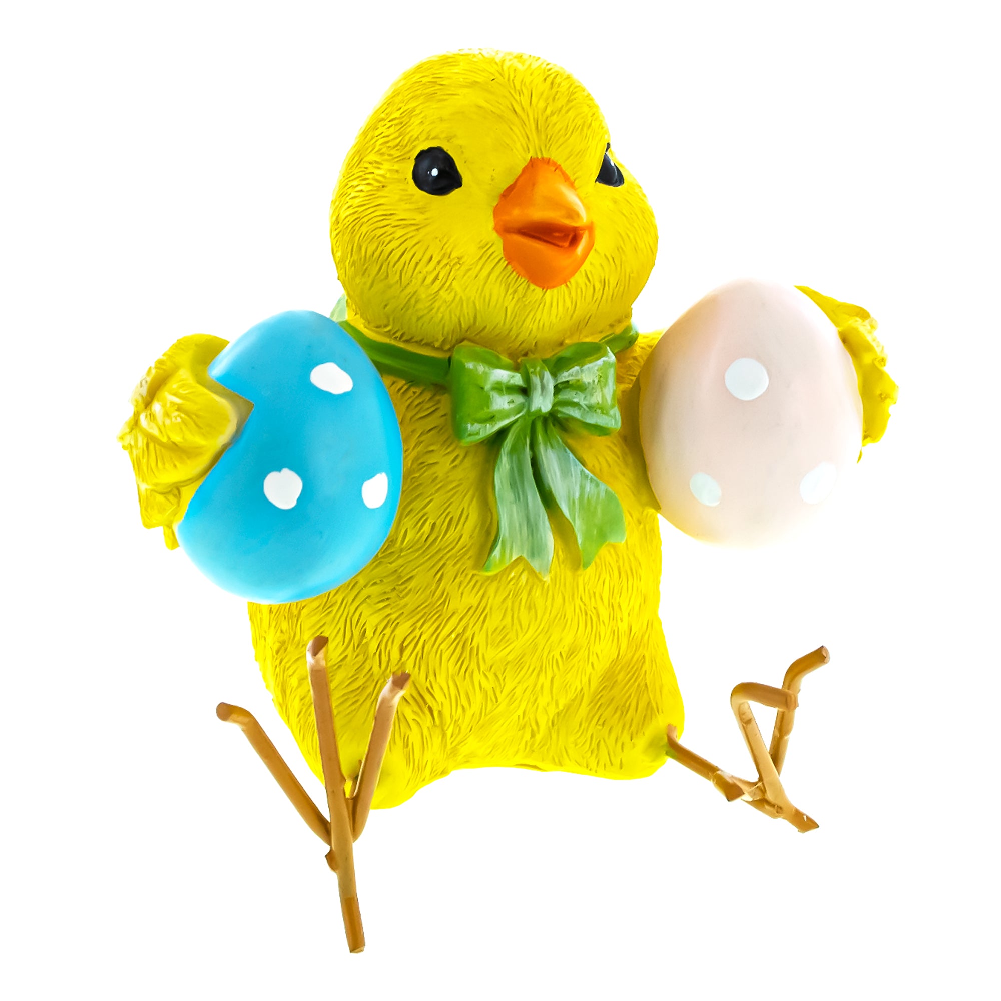 Cheerful Chick Holding Colorful Easter Polka Dot Eggs Figurine 3.2 Inches TallChina , dimensions in inches: 3.4 x 3.2 x 3