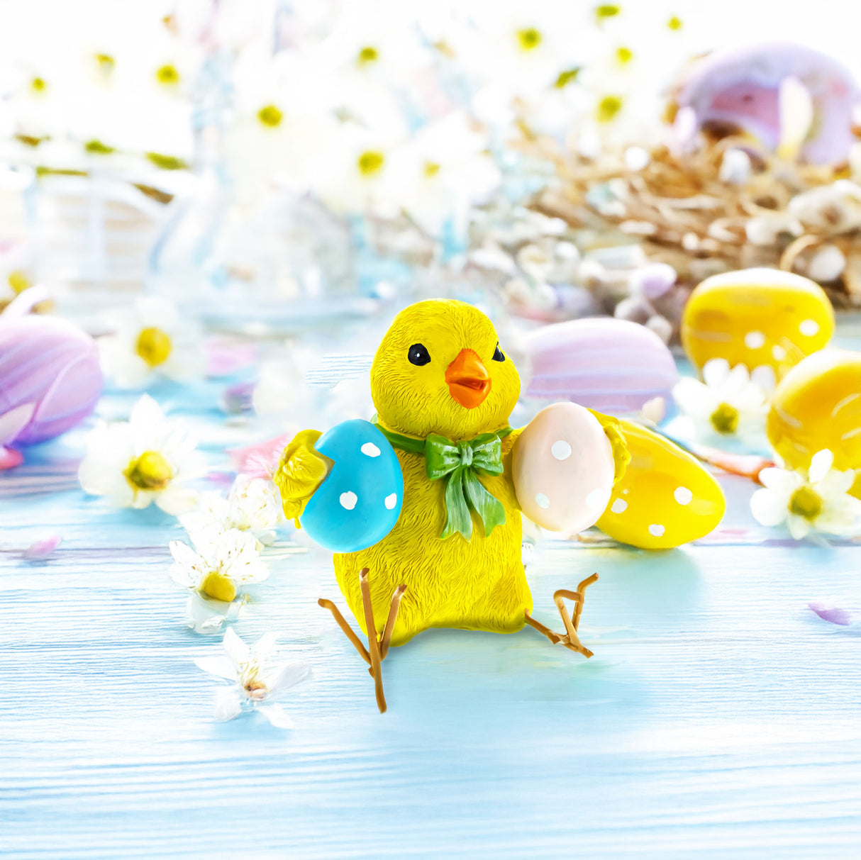 Resin Cheerful Chick Clutching Colorful Easter Eggs Figurine in Multi color