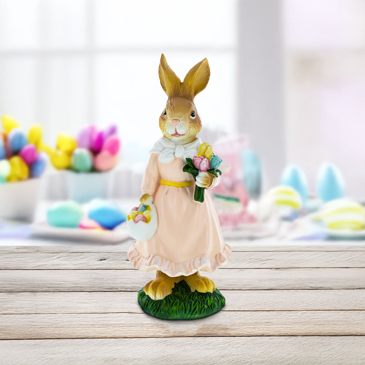 Springtime Delight: Mother Bunny with Flowers and Easter Egg Basket Figurine ,dimensions in inches: 8.7 x 3.3 x 3.6