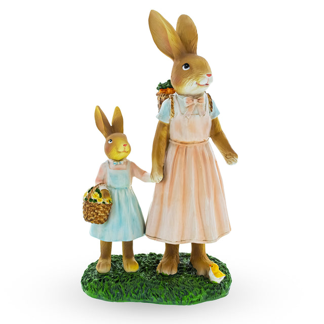 Mother & Child Easter Bunny Figurine – Vintage Style Spring Rabbit Statue with Baskets 11 Inches in Multi color