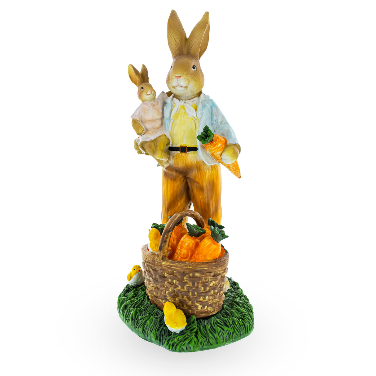 Father and Son Bunny Duo: Sharing a Basket of Harvested Carrots Figurine ,dimensions in inches: 11 x 5.5 x 5.5