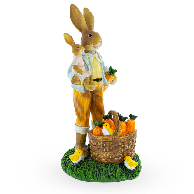 Resin Father and Son Bunny Duo: Sharing a Basket of Harvested Carrots Figurine in Multi color