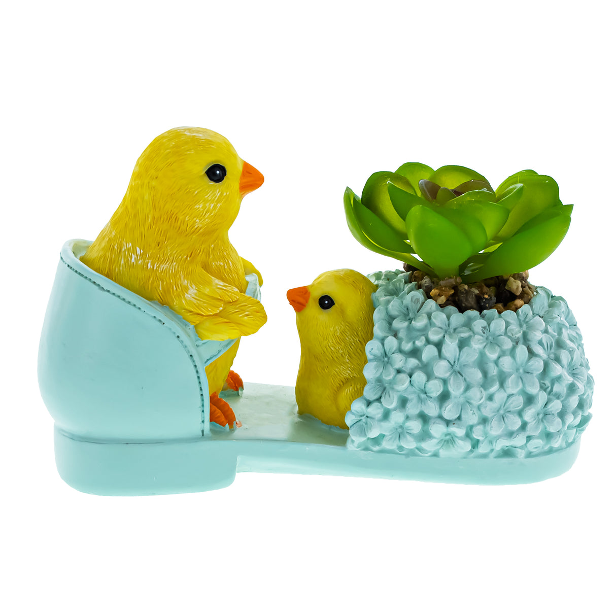 Chick Duo Nestled in Shoe: Floral Pot Figurine ,dimensions in inches: 3.4 x 2.5 x 5.6