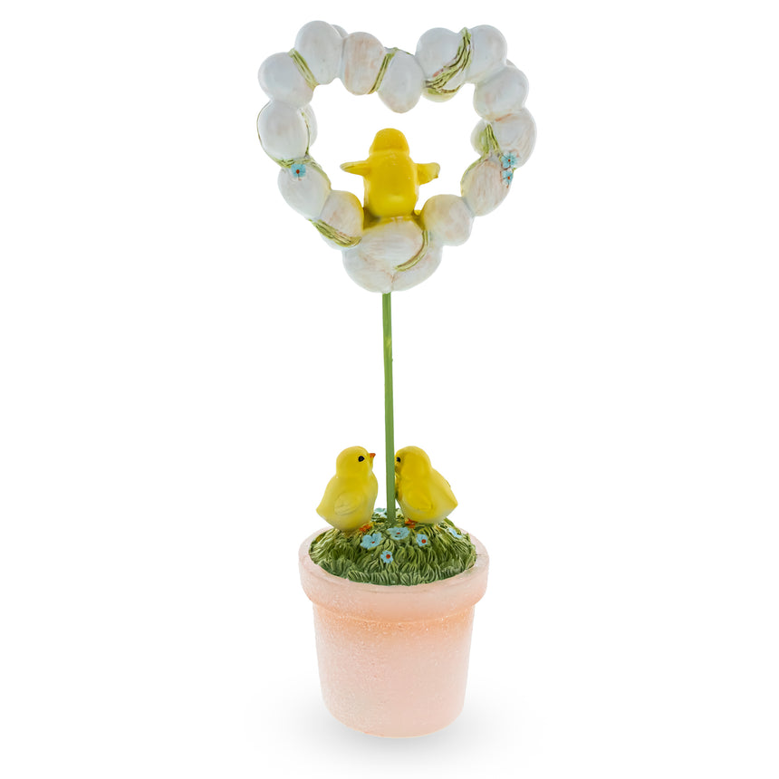 Adorable Chicks Nestled in Heart-Shaped Eggs Pot Easter Decorative Figurine , dimensions in inches: 12.5 x 4.5 x 3.4