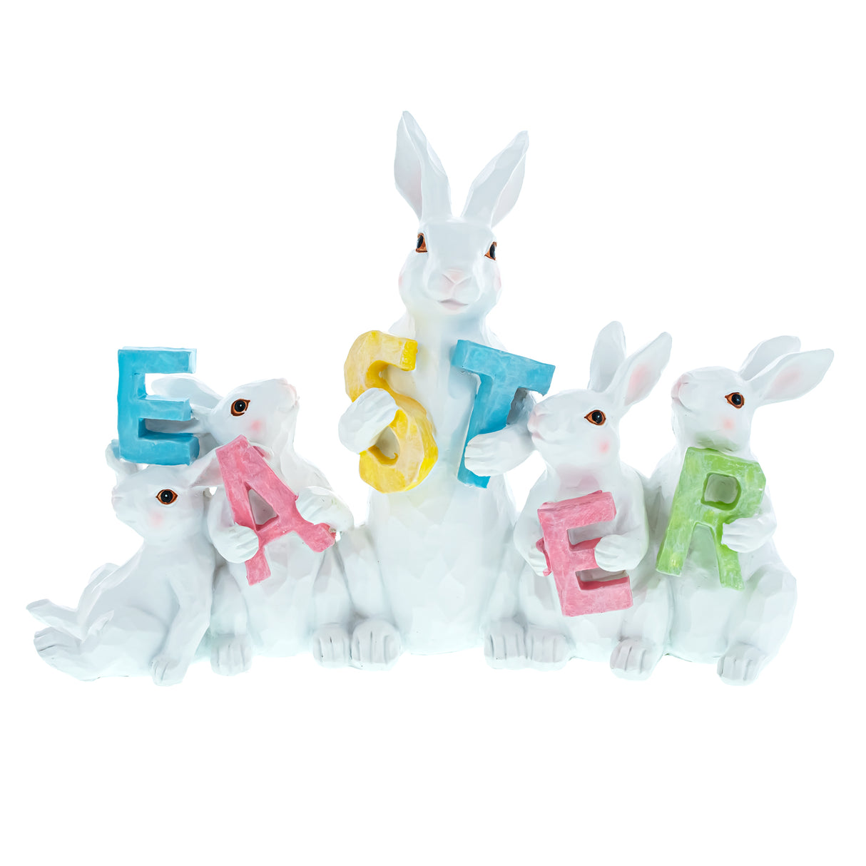 Easter Bunny Delight: White Bunnies Holding EASTER Letters Figurine in Multi color,  shape