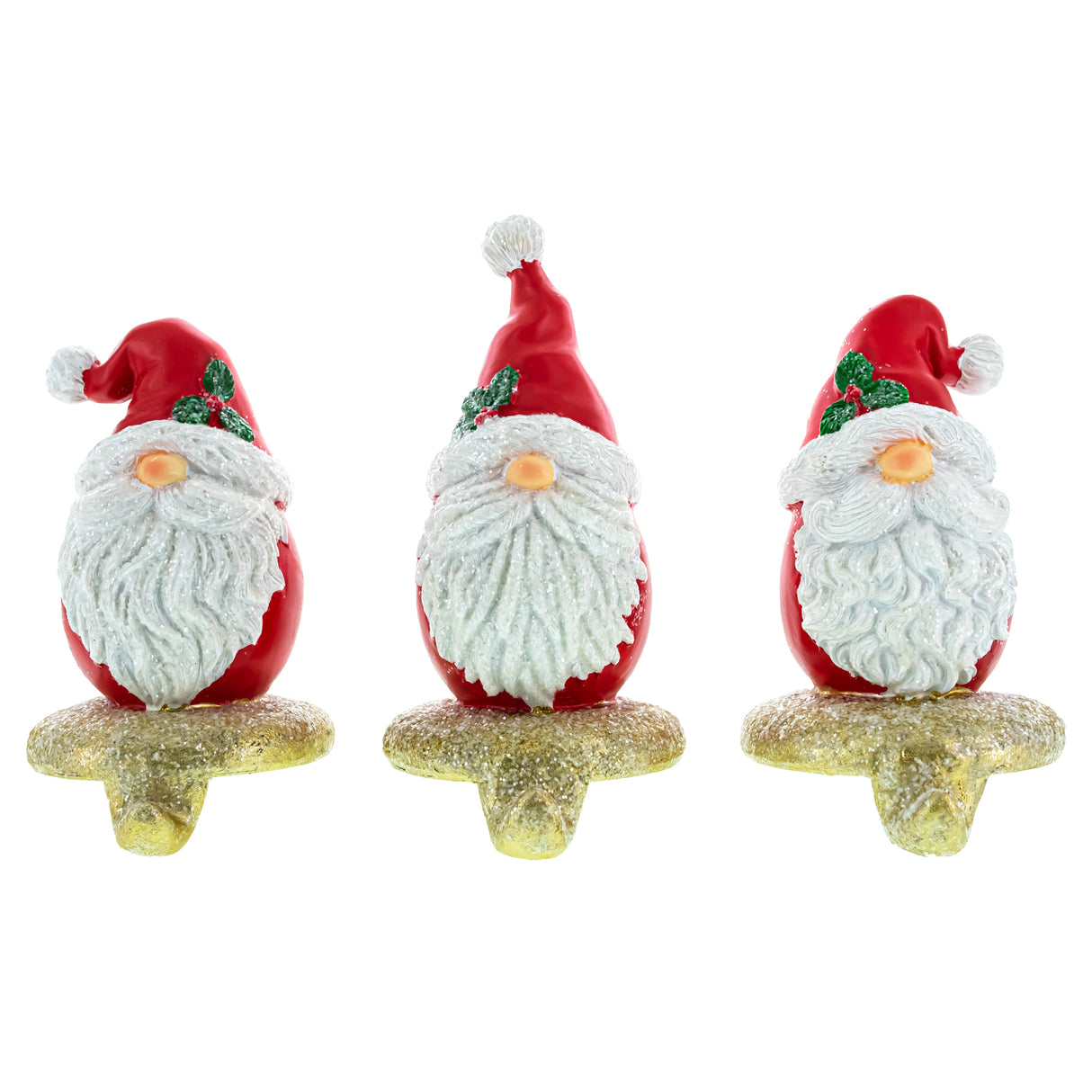 Resin Cheerful Gnome Trio: Set of 3 Santa Hat Christmas Stocking Holders in Multi color