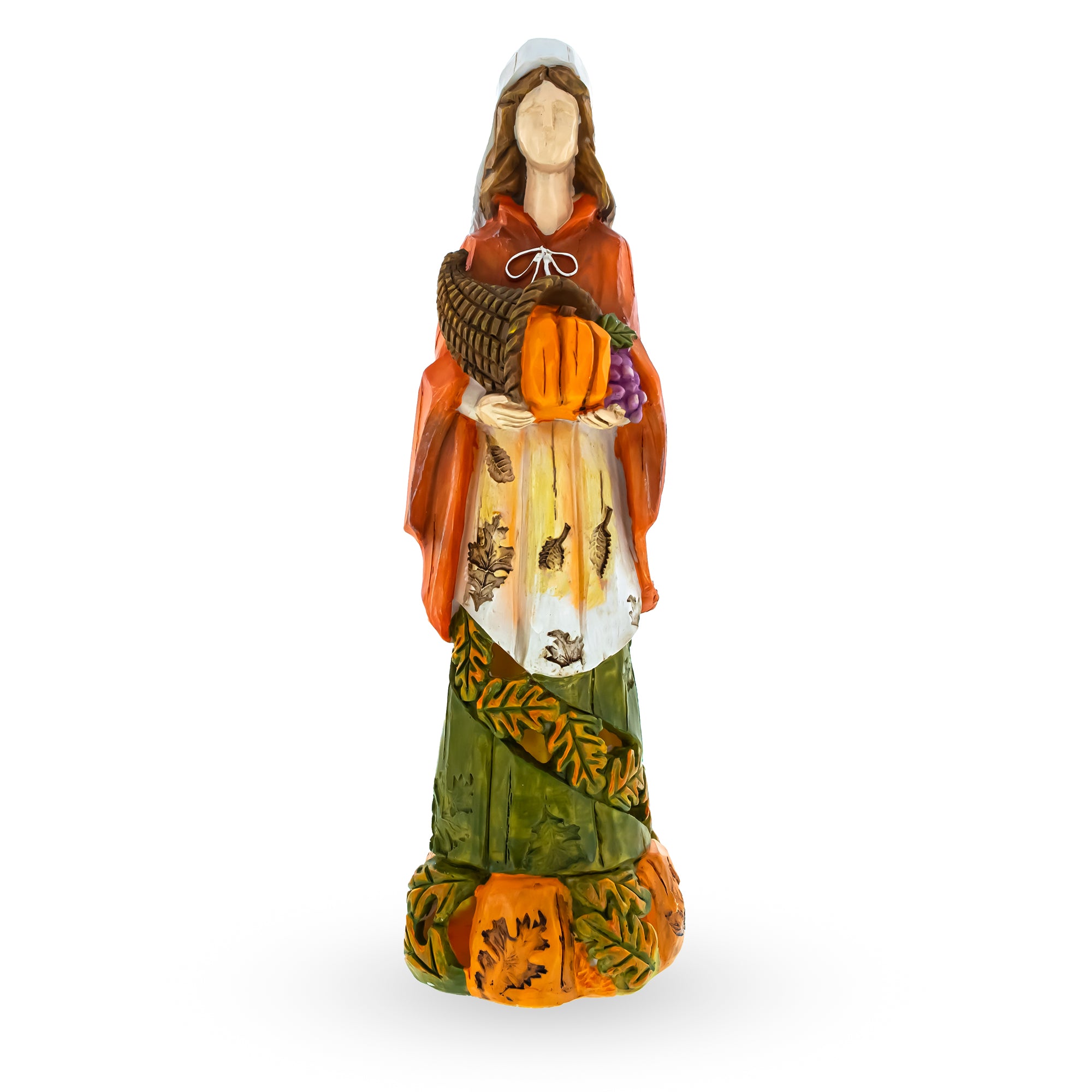 Pilgrim Woman Holding Horn of Plenty Cornucopia Thanksgiving Figurine in Multi color