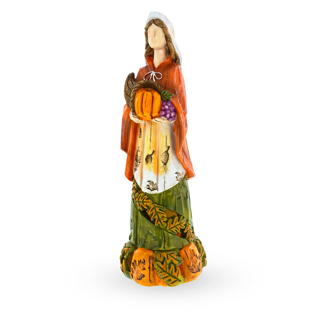 Pilgrim Woman Holding Horn of Plenty Cornucopia Thanksgiving FigurineChina , dimensions in inches: 11.2 x 3.8 x 3.8