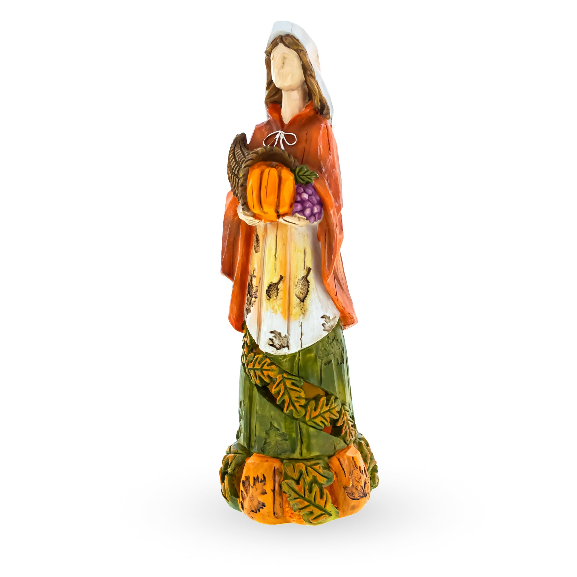 Pilgrim Woman Holding Horn of Plenty Cornucopia Thanksgiving FigurineChina , dimensions in inches: 11.2 x 3.8 x 3.8