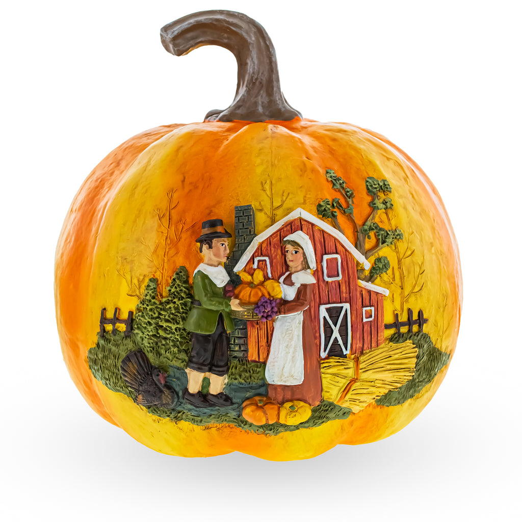 Harvest Pumpkin Pilgrim Scene Thanksgiving Decoration with Rustic Barn Design Figurine in Multi color