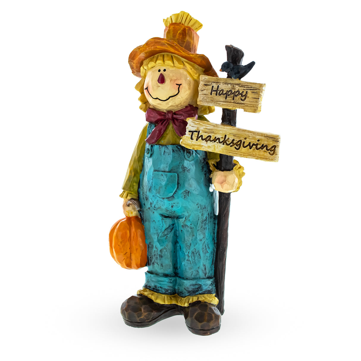 Friendly Scarecrow Holding Happy Thanksgiving Sign Figurine in Multi color,  shape