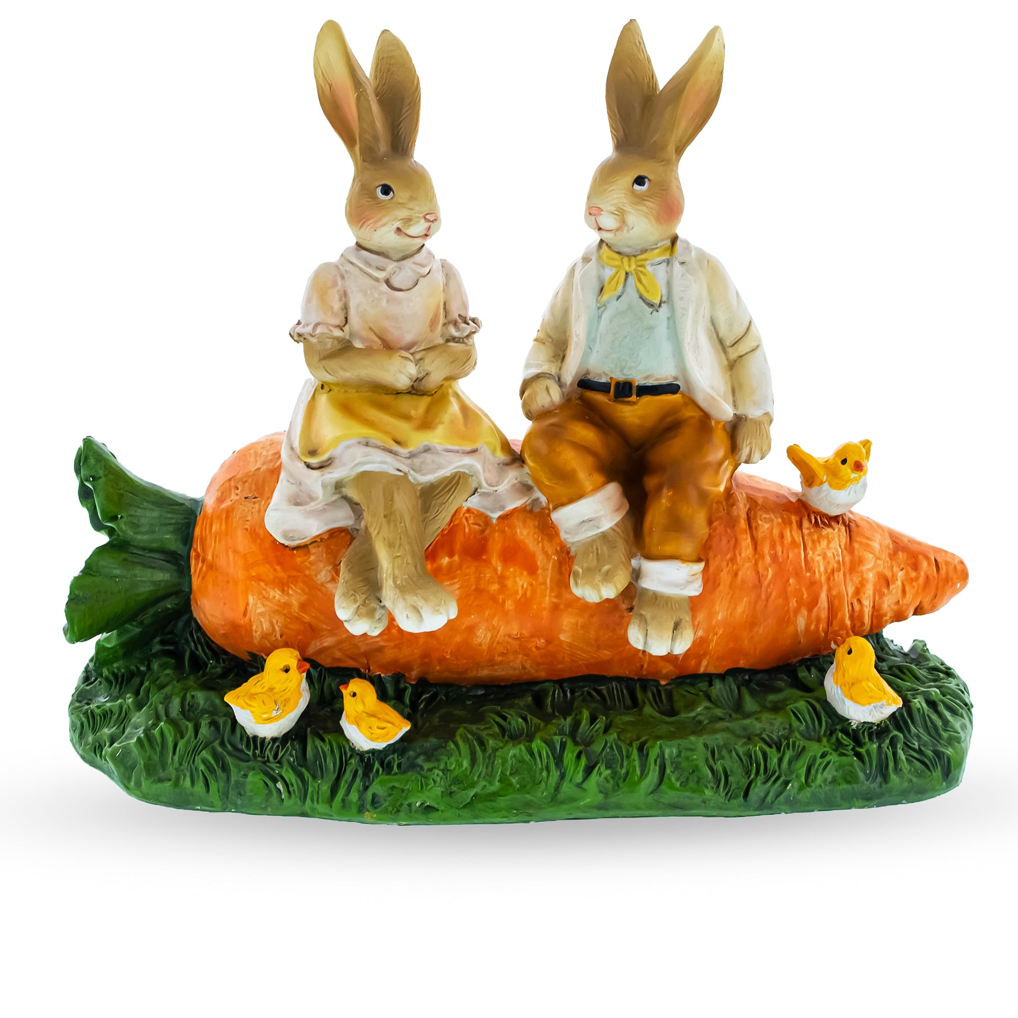 Bunny Couple in Love Sitting on a Carrot Figurine in Multi color