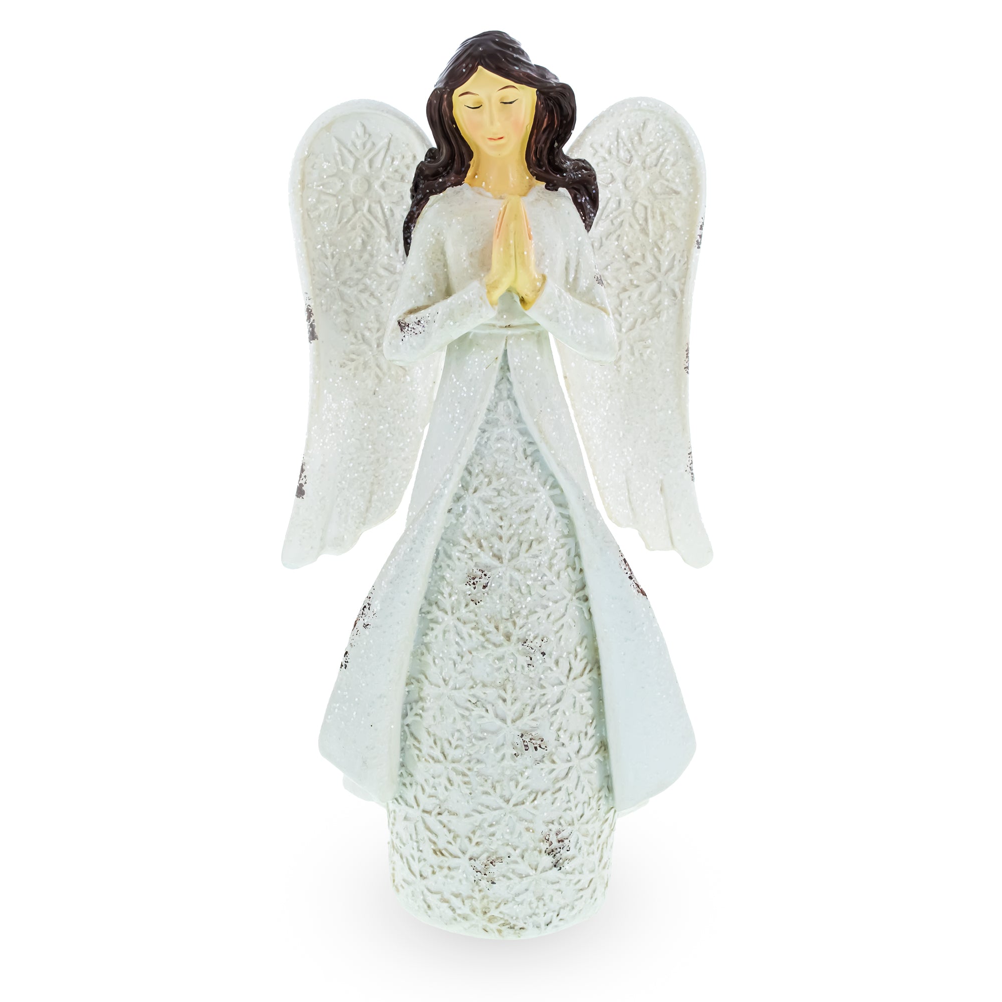 Serene Praying Angel in Snowflakes Dress FigurineChina , dimensions in inches: 9.9 x 4.7 x 2.9