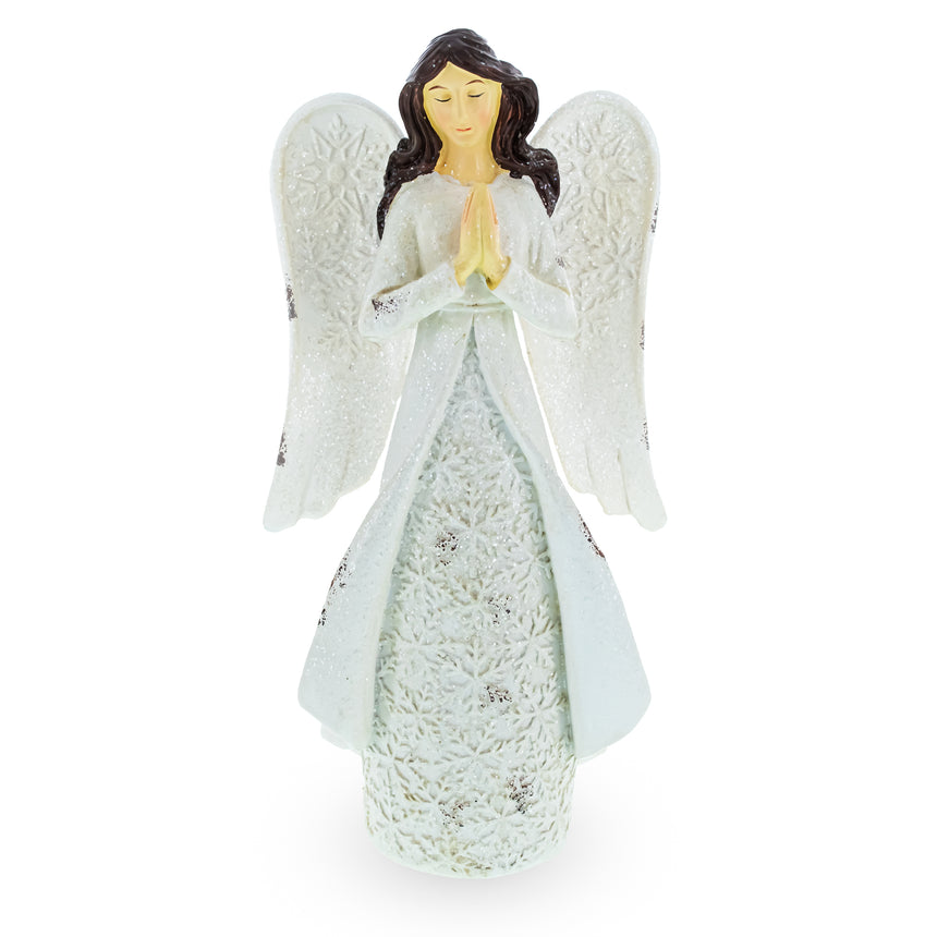 Serene Praying Angel in Snowflakes Dress Figurine , dimensions in inches: 9.9 x 4.7 x 2.9