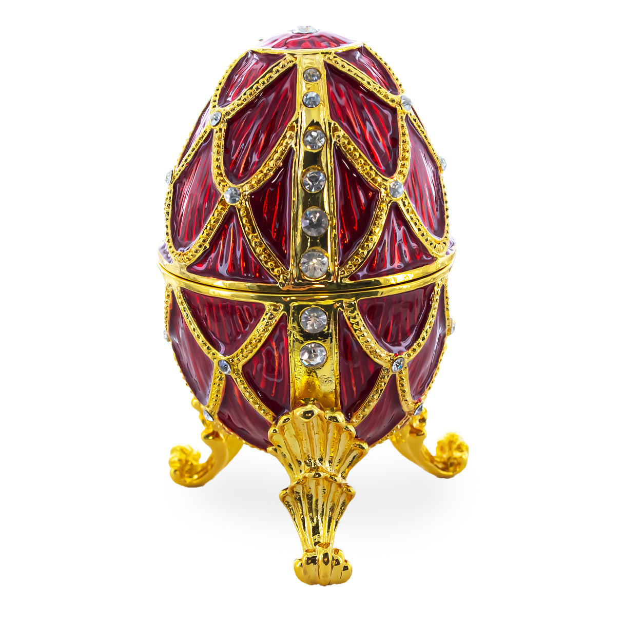 Golden Trellis Crimson Enamel Royal Inspired Imperial Metal Easter Egg 4 Inches in Red color, Oval shape