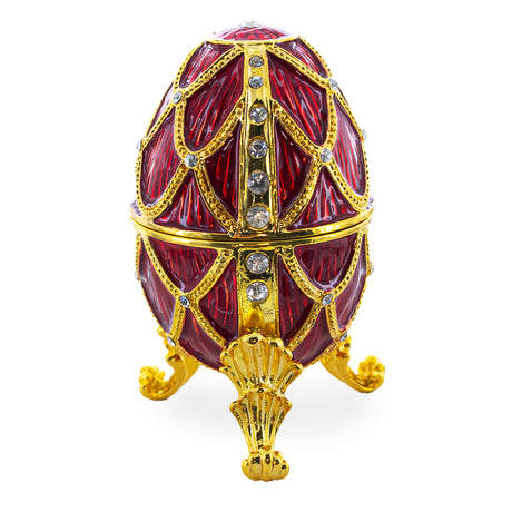 Pewter Golden Trellis Crimson Enamel Royal Inspired Imperial Metal Easter Egg 4 Inches in Red color Oval