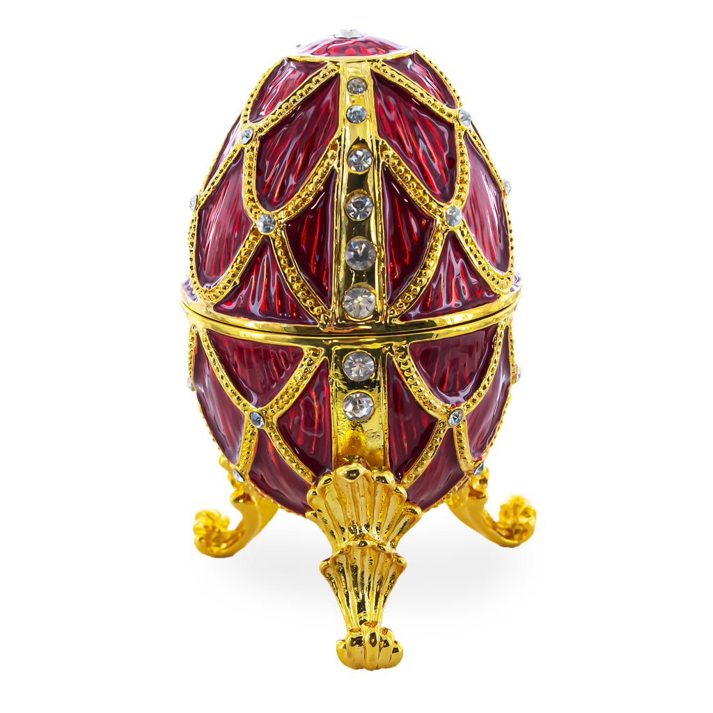 Golden Trellis Crimson Enamel Royal Inspired Imperial Metal Easter Egg 4 Inches in Red color Oval