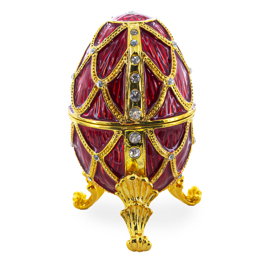 Golden Trellis Crimson Enamel Royal Inspired Imperial Metal Easter Egg 4 Inches in Red color Oval