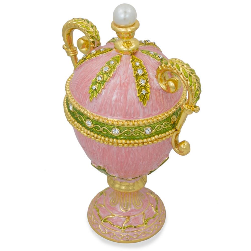 Pink Amphora Enameled Royal Inspired Imperial Metal Easter Egg Figurine 5.5 Inches ,dimensions in inches: 5.5 x 7.32 x 4.65