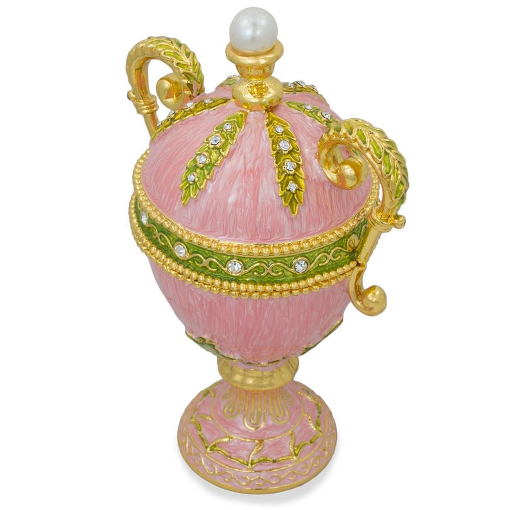 Pink Amphora Enameled Royal Inspired Imperial Metal Easter Egg Figurine 5.5 Inches , dimensions in inches: 5.5 x 7.32 x 4.65