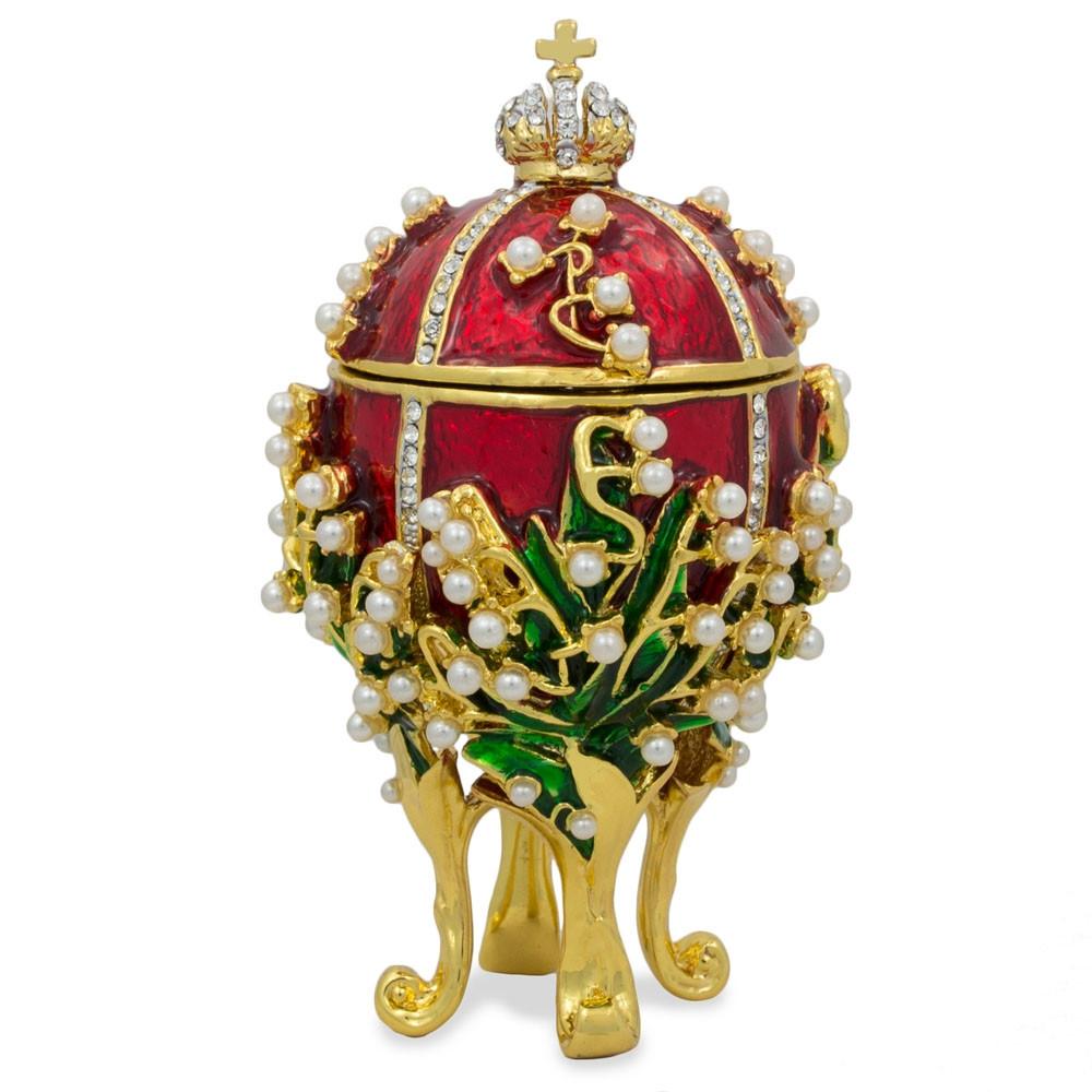 1898 Lilies of the Valley Royal Imperial Metal Easter Egg 3.5 Inches in Red color, Oval shape