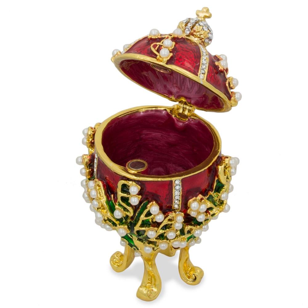 Shop 1898 Lilies of the Valley Royal Imperial Metal Easter Egg 3.5 Inches. Buy Royal Royal Eggs Imperial Red Oval Pewter for Sale by Online Gift Shop BestPysanky Faberge replicas Imperial royal collectible Easter egg decorative Russian inspired style jewelry trinket box bejeweled jeweled enameled decoration figurine collection house music box crystal value for sale real